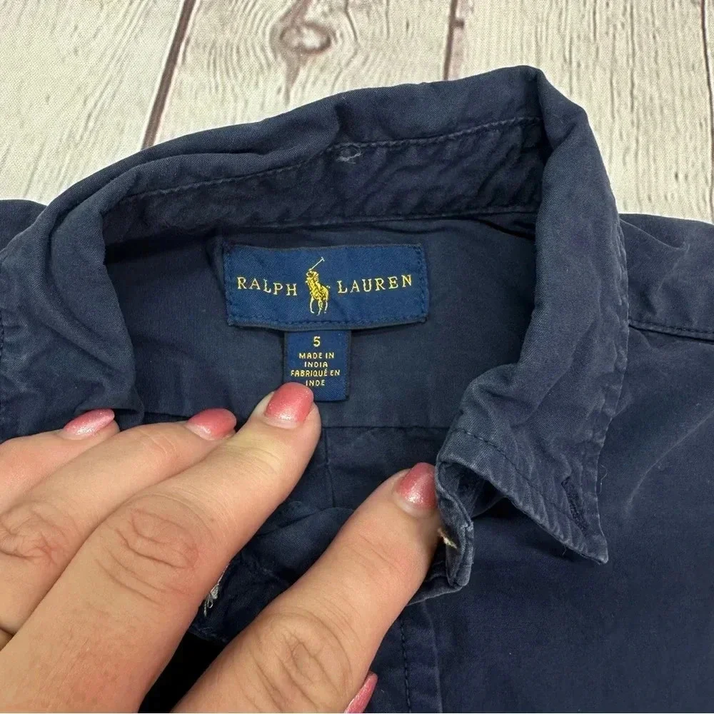 ralph lauren navy blue button up shirt sz boys 5 preppy